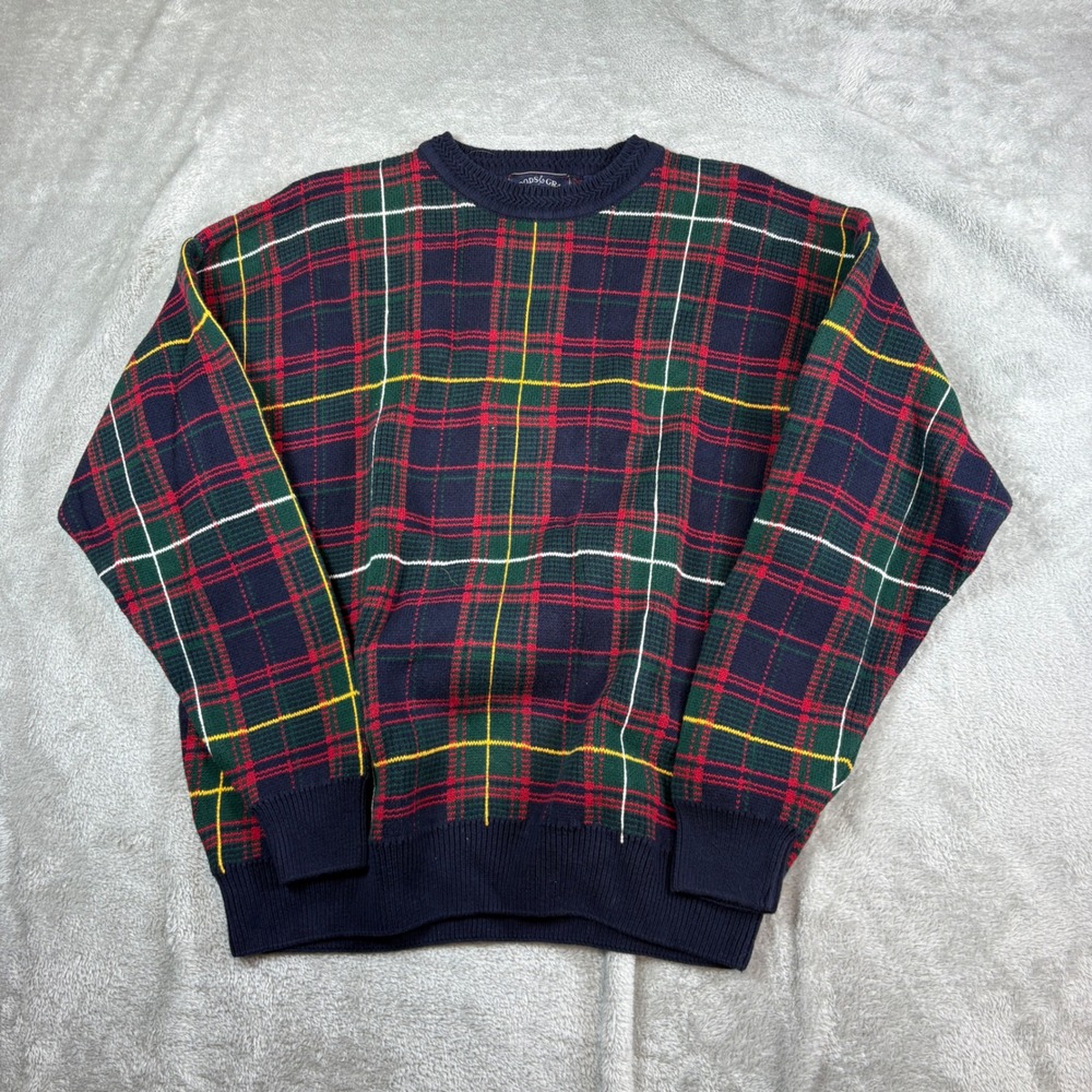 Woods & Gray Sweater Mens XL Plaid Crewneck Pullover Cotton Navy Red Green